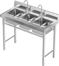 3 Compartment Sink, 304 Stainless Steel Utility Sink Freestanding Kitchen Sinks Commercial Sinks with 2 Faucet & Cold