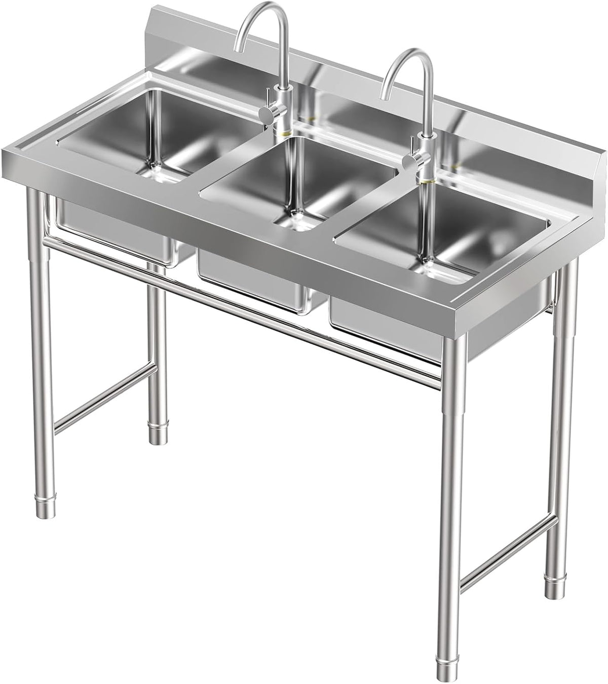 3 Compartment Sink, 304 Stainless Steel Utility Sink Freestanding Kitchen Sinks Commercial Sinks with 2 Faucet & Cold