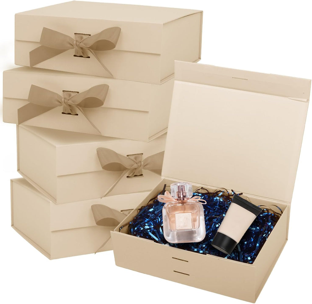 Magnetic Gift Boxes with Lids & Decoration Tie Ribbon, 5 Pack 9.5x7x4 Inch, for Birthday, Wedding, Groomsman &