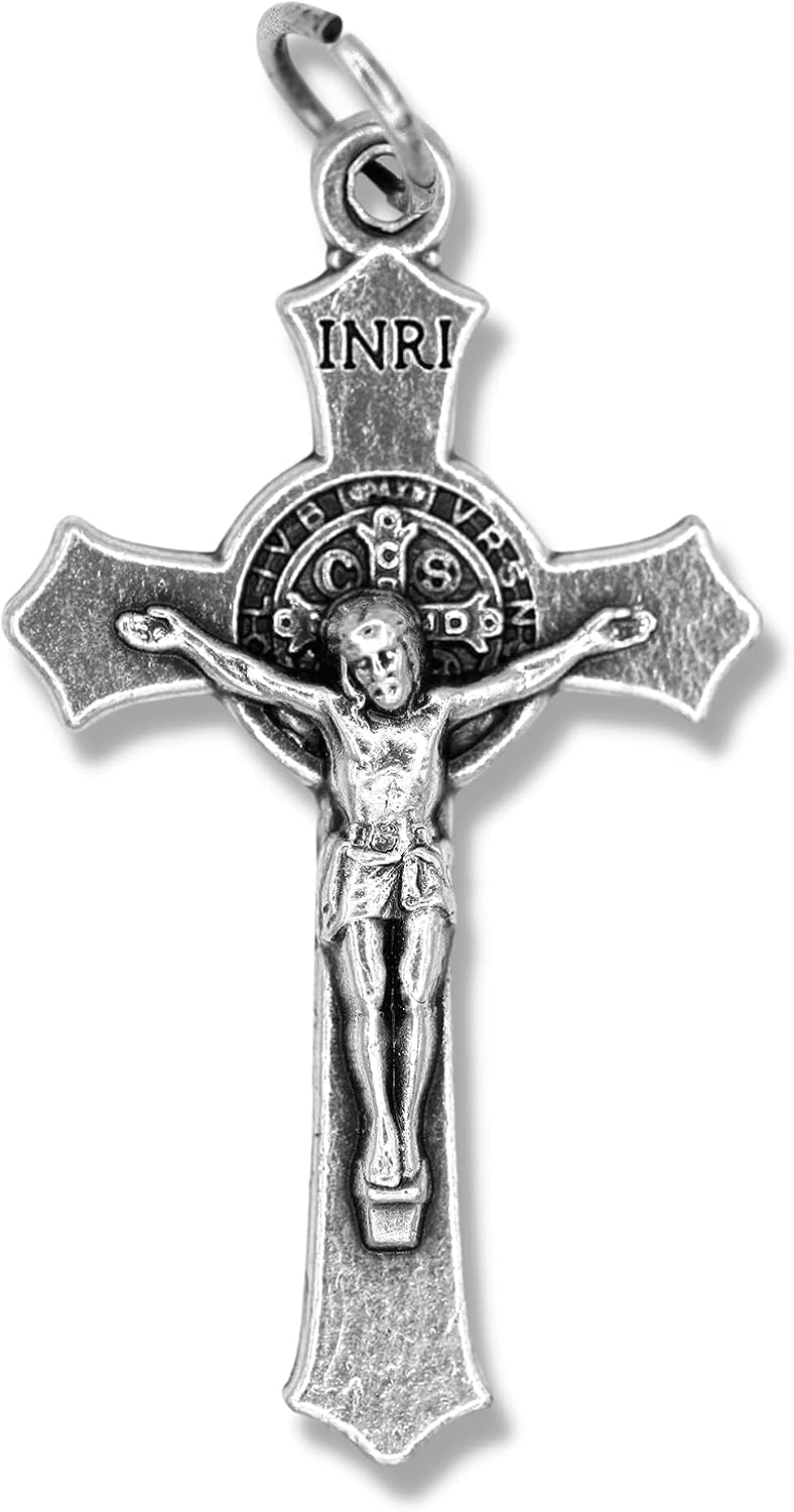 Pack of 100 - St Benedict Crucifix for Rosary Making (1.5 Inch) Silver Oxidized Crosses for Bulk Catholic Necklaces