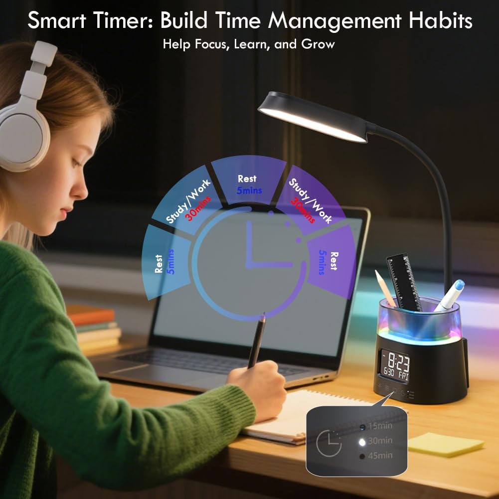 LED Kids Desk Lamp, Dimmable Study Lamp for Home Office Desk Accessories, with Pen Holder & Clock, USB Charging Port