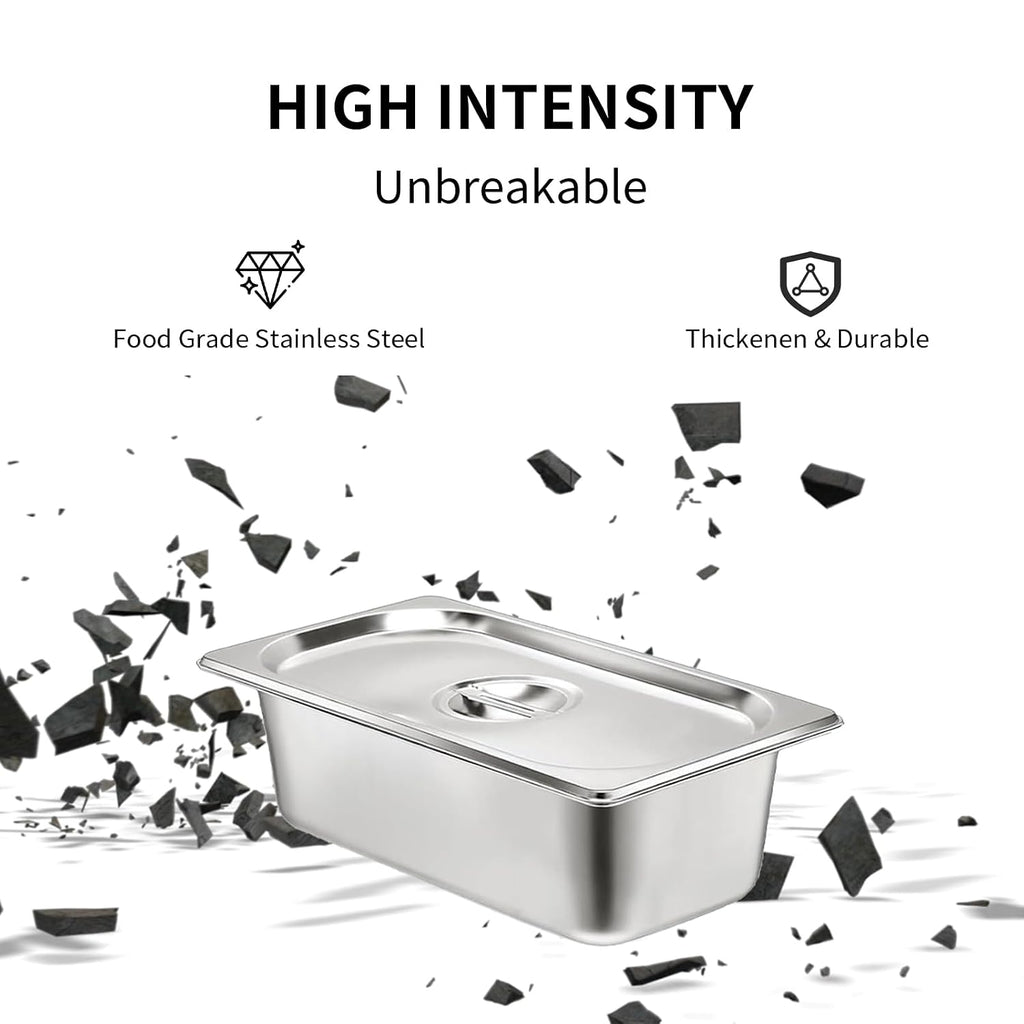 4 Set Steam Table Pan with Lid, 1/3 Size 4 Inch Deep Hotel Pans with Lid, Stainless Steel Commercial Catering Pan