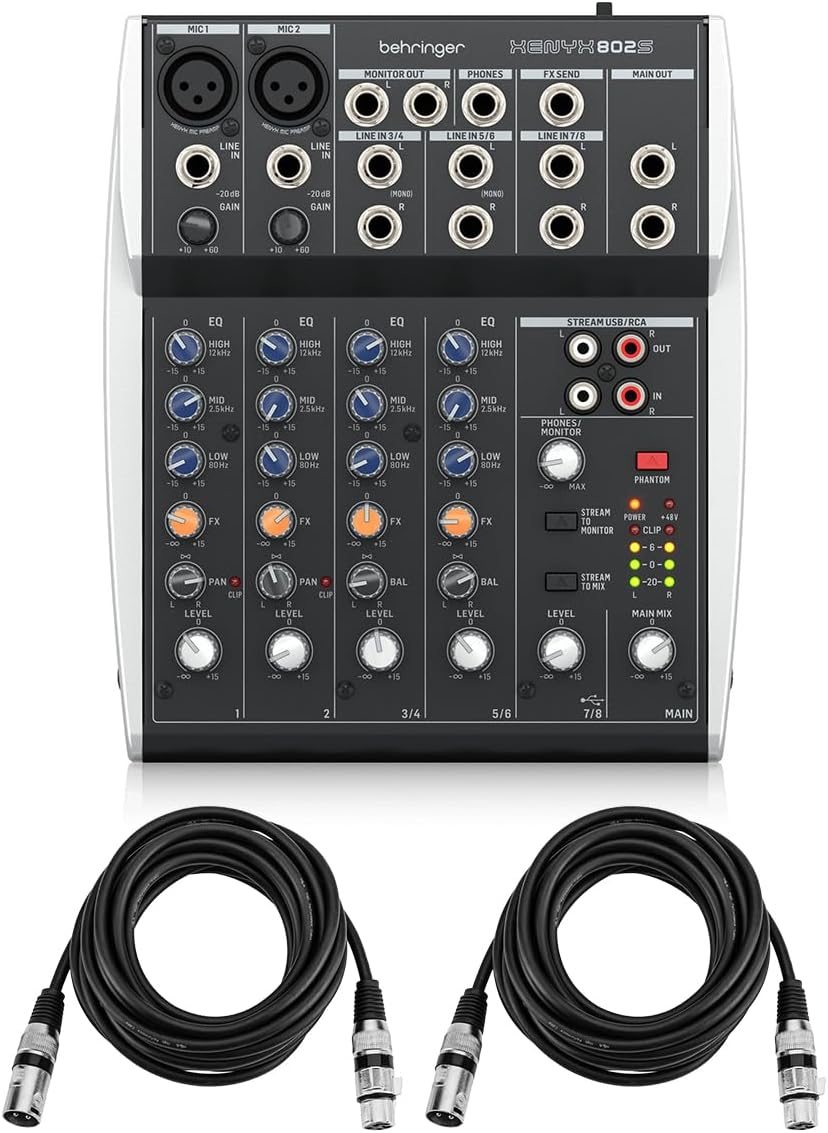 XENYX 802S Premium Analog 8-Channel Mixer with USB Streaming Interface Bundle With 2x H&A XLR M to F Microphone Cable