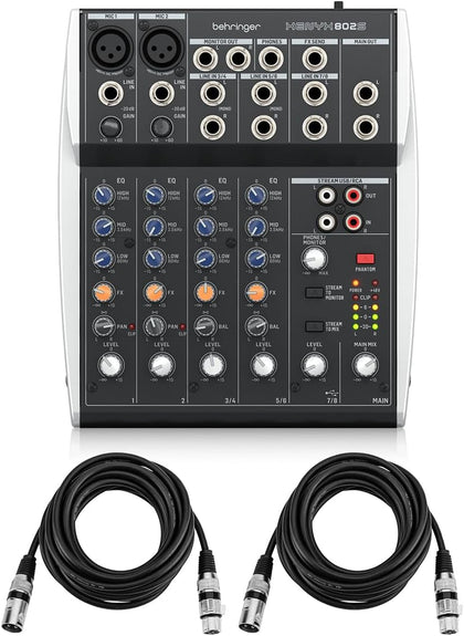 XENYX 802S Premium Analog 8-Channel Mixer with USB Streaming Interface Bundle With 2x H&A XLR M to F Microphone Cable