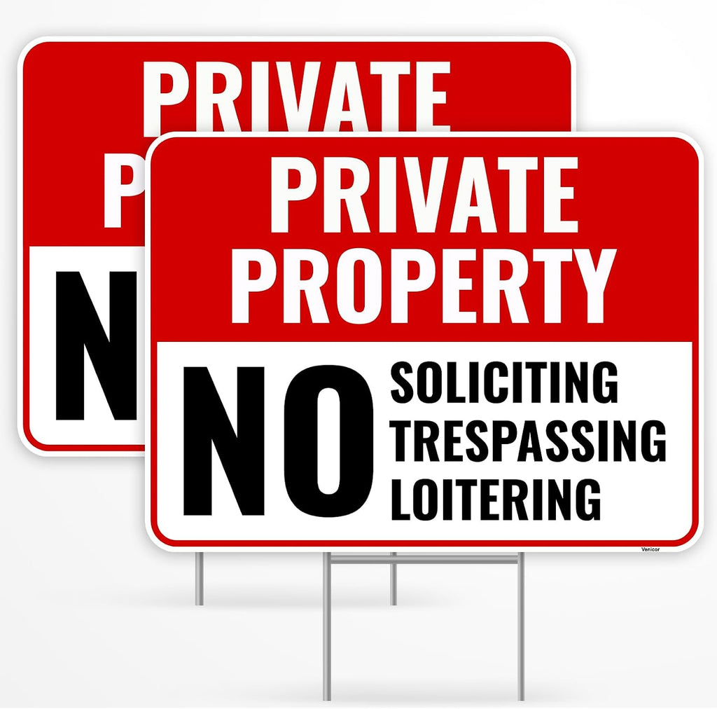 2PC Private Property No Soliciting Trespassing Loitering Signs with Metal Stakes, 12"x9" - Corrugated Plastic - No