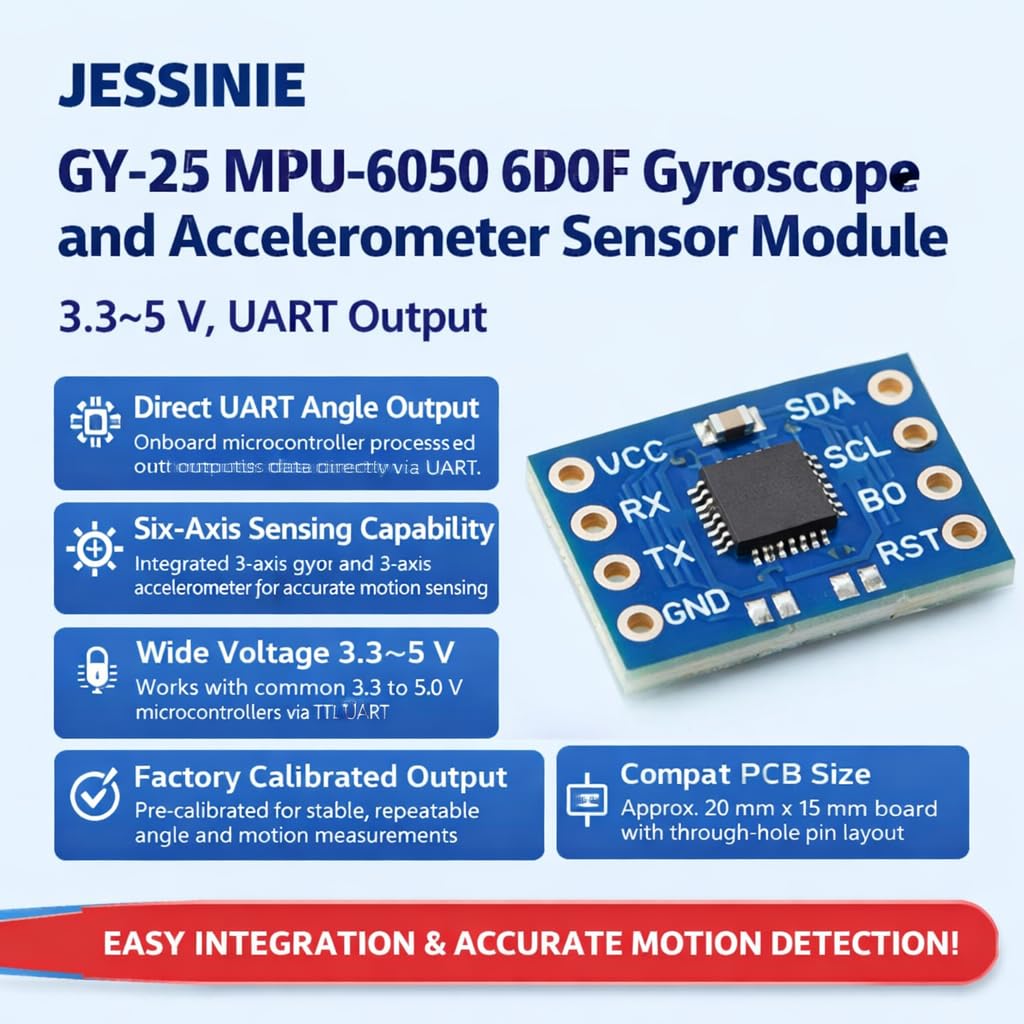 JESSINIE GY‑25 MPU‑6050 6DOF Gyroscope and Accelerometer Sensor Module, 3.3–5 V, UART Output