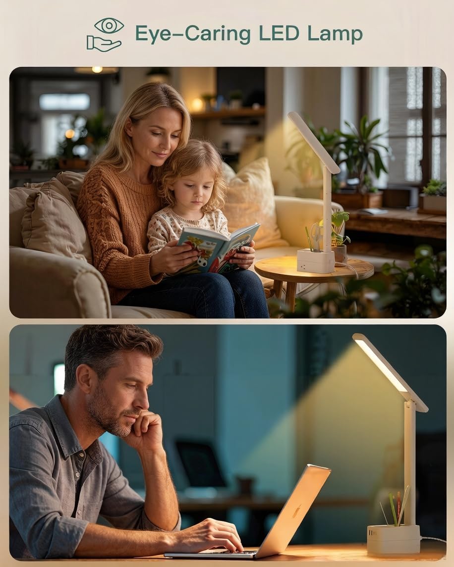 Desk Lamp with Pen Holder, LED Desk Lamps for Home Office, Power Strip with 3 Outlets 4 USB Charging Ports(2 USBC), 3