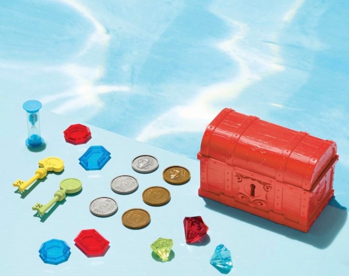 Treasure Chest Beach Toy Set with Keys, Gem Stones, Coins, and Sand Timer, Dive Pool Toys