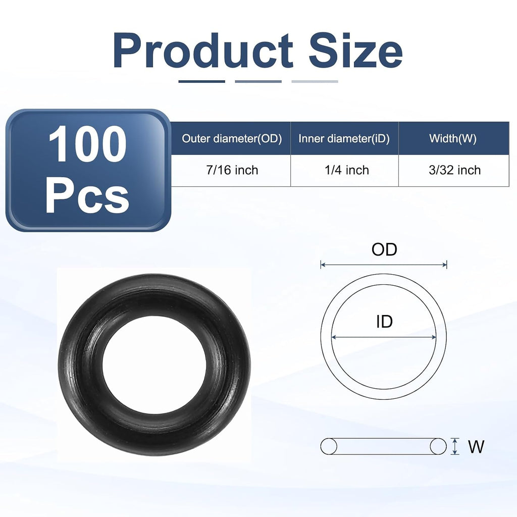 uxcell 100Pcs AS-108 Nitrile Rubber O-Rings 1/4" ID, 7/16" OD, 3/32"W (90D)