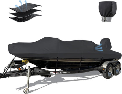 Waterproof 16'-18.5' Boat Cover with Motor Cover, Trailerable Cover | Marine Grade Oxford Fabric, UV & Tear