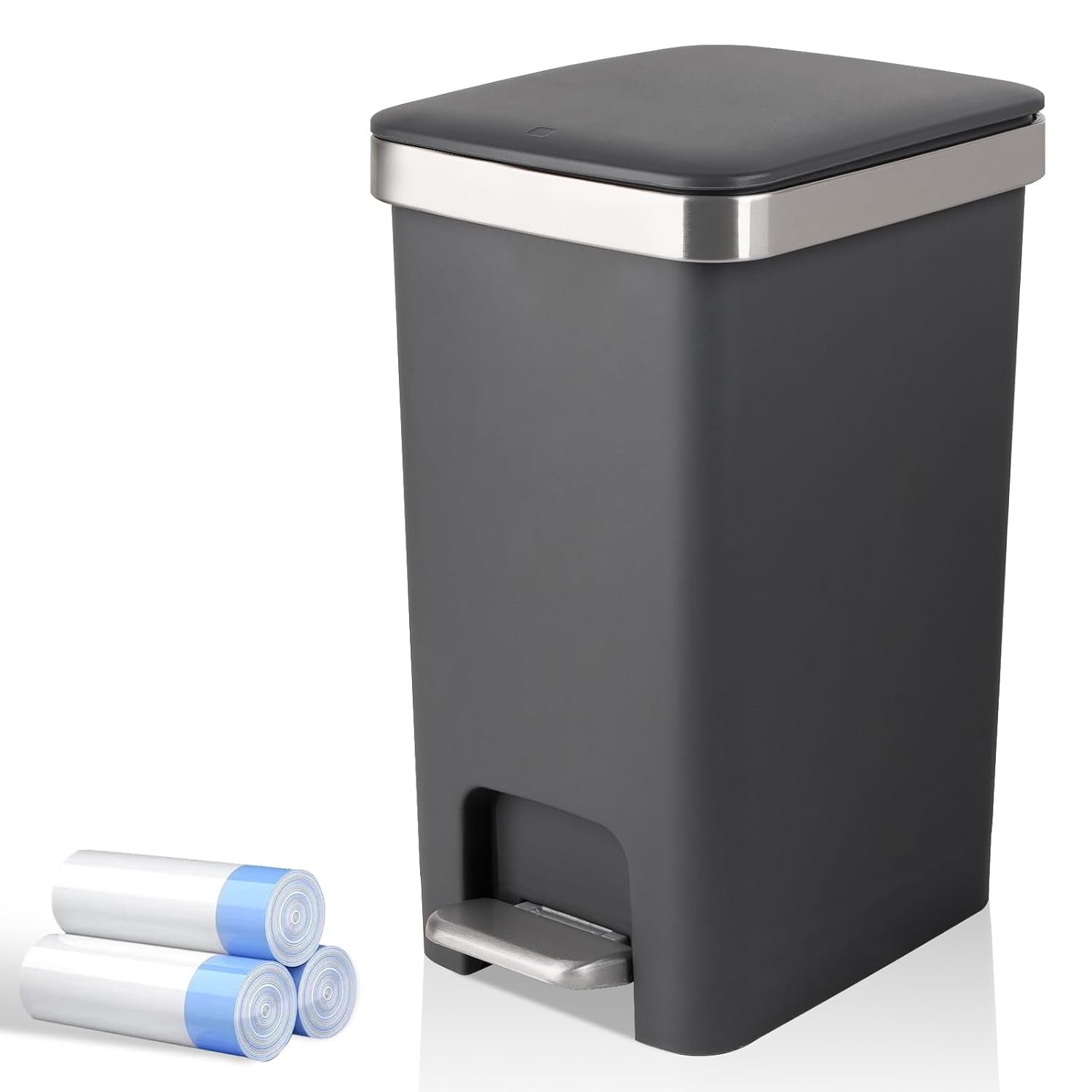 Small Bathroom Trash Can with Lid and 3 Rolls Trash Bags, Step Pedal Wastebasket Plastic Garbage Can with Pop-Up Lid