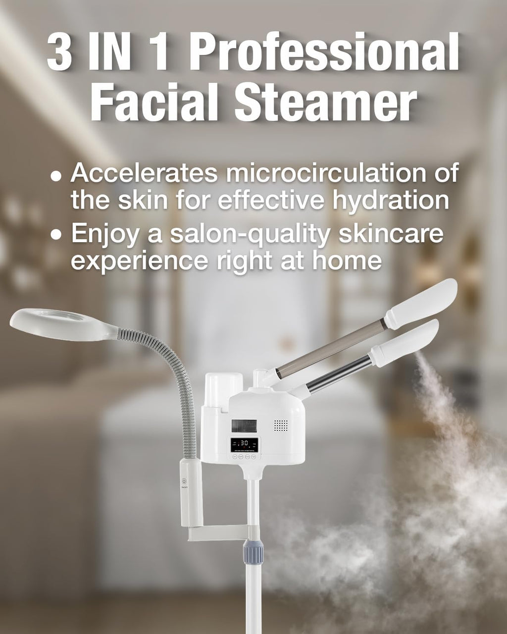 Professional Facial Steamer 3 in 1 Steamer for Face White | 360-Degree Hot and Cold Rotatable Nozzle, 5x Led