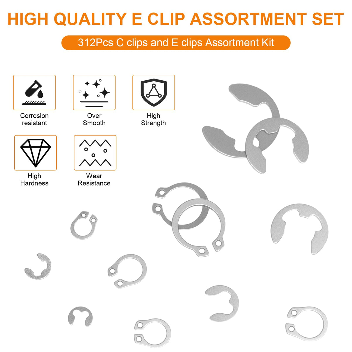 312Pcs Retaining Ring Kit with E-Clips (2.0-15mm) & C-Clips (M7-18) 304 SS