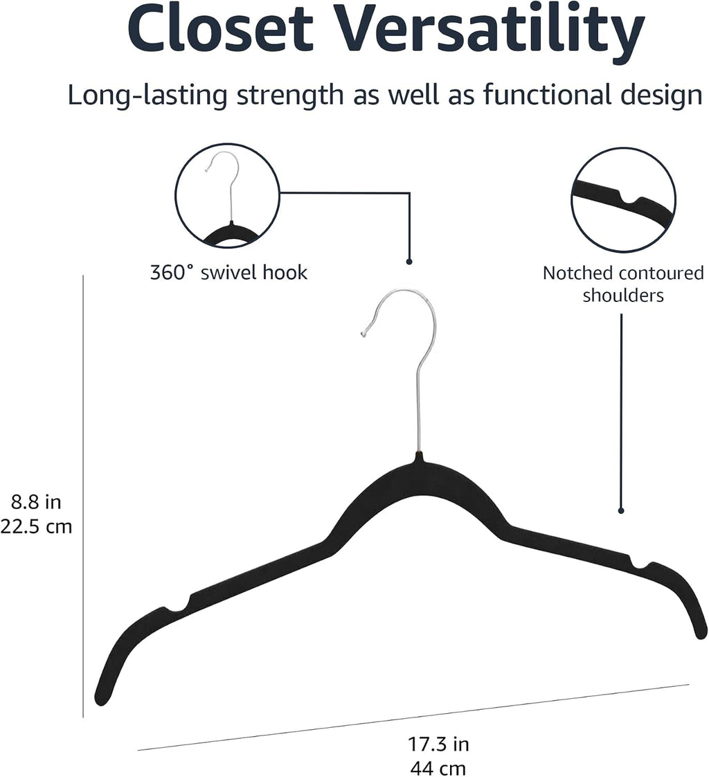 Space-Saving Slim Velvet Non-Slip Clothes Hangers for Closet Organization, Sturdy with Shoulder Notches, Black, 50-Pack
