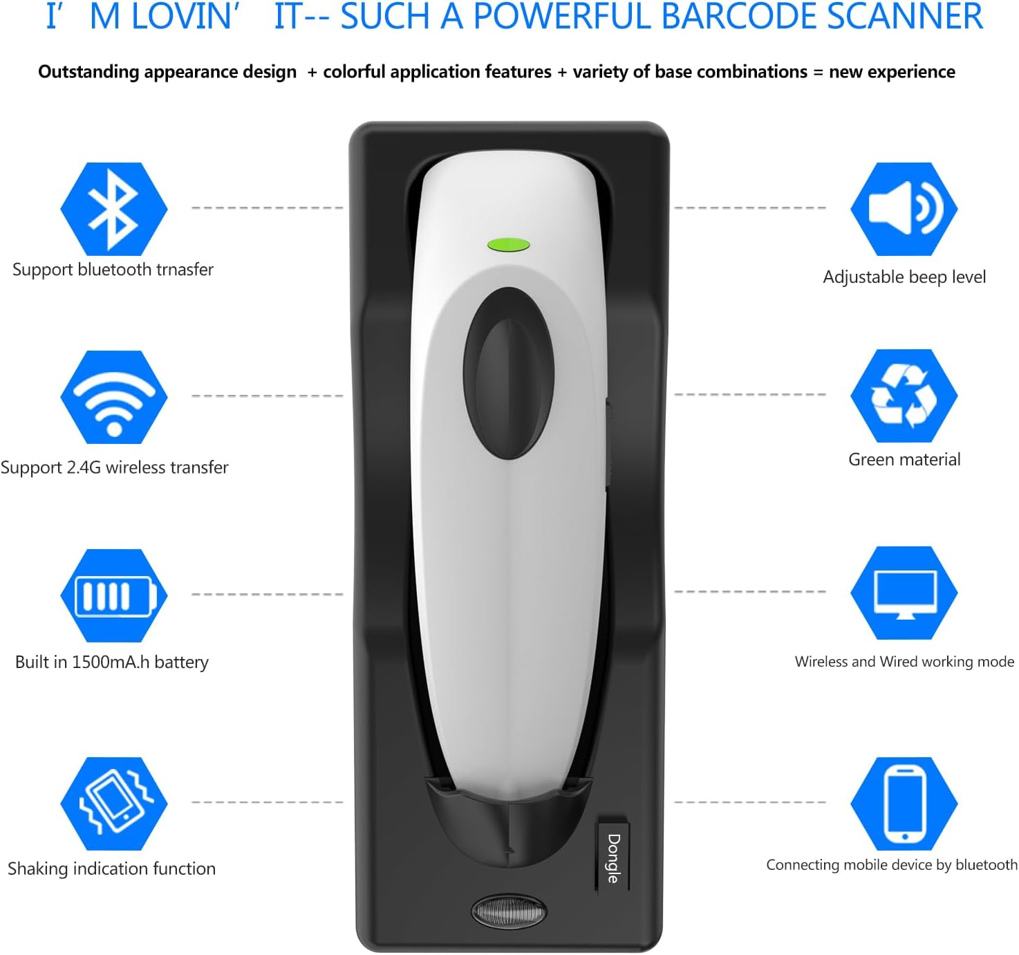 Bluetooth Wireless Handheld Barcode Scanner with Base 2.4G Wireless+USB Wired 1D 2D Barcode Scanner QR PDF417 Data
