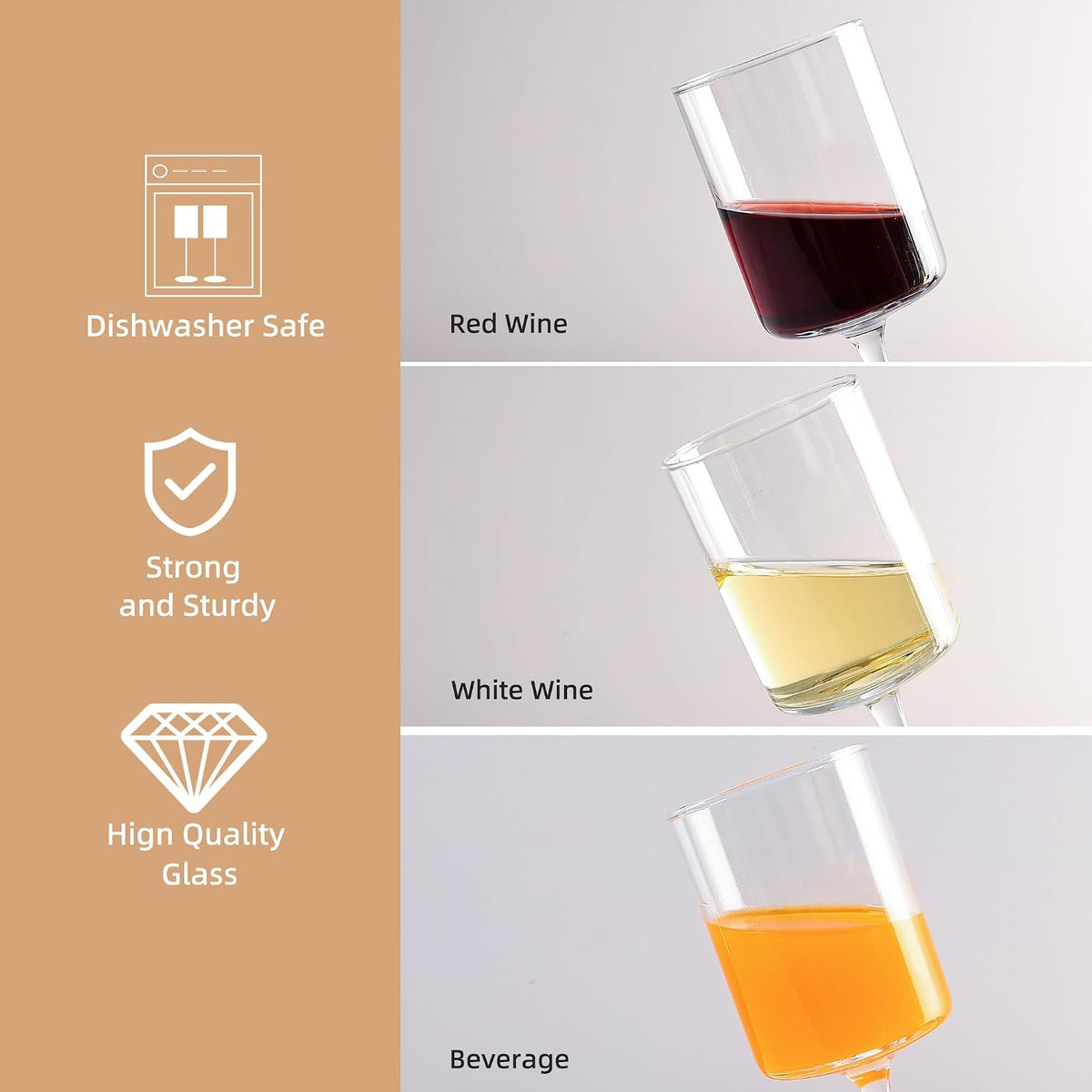 10Oz Square Wine Glasses Set of 12 Dishwasher Safe Long Stem