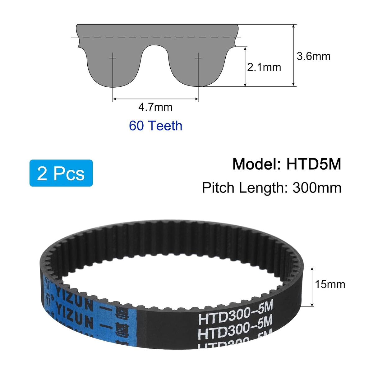 uxcell 2pcs HTD-5M Rubber Timing Belt 60Teeth, 300mm Lw x 15mm W x 3.6mm H