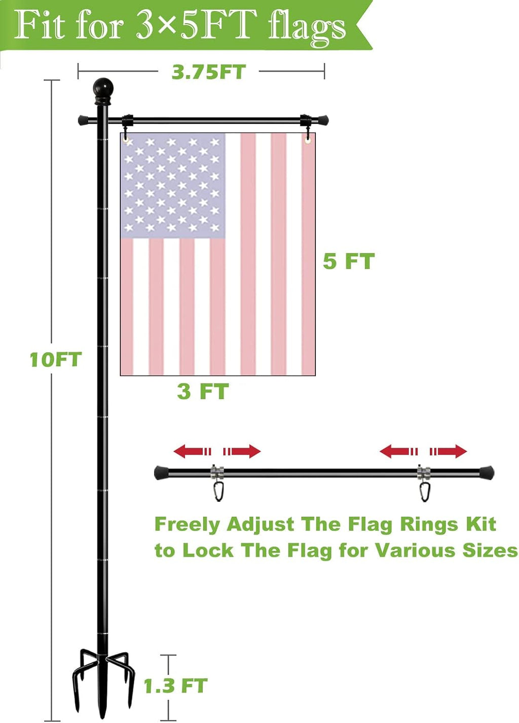 10 FT Garden Flag Pole for Outside House for 3x5 American Flags | Adjustable Flag Poles Stand In Ground with 5 Prong