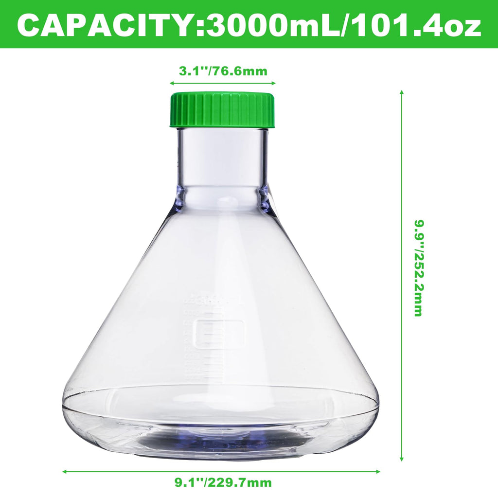 3000ml Erlenmeyer Flask, Sterile, Vent Cap, Flat Bottom, PC, 4Pcs