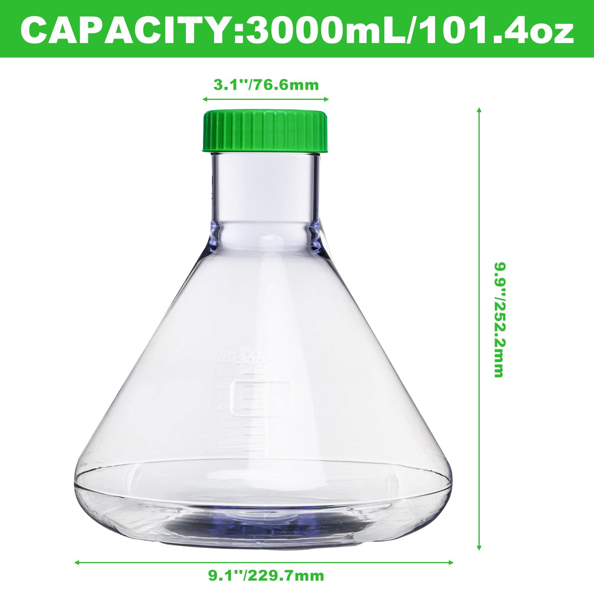 3000ml Erlenmeyer Flask, Sterile, Vent Cap, Flat Bottom, PC, 4Pcs