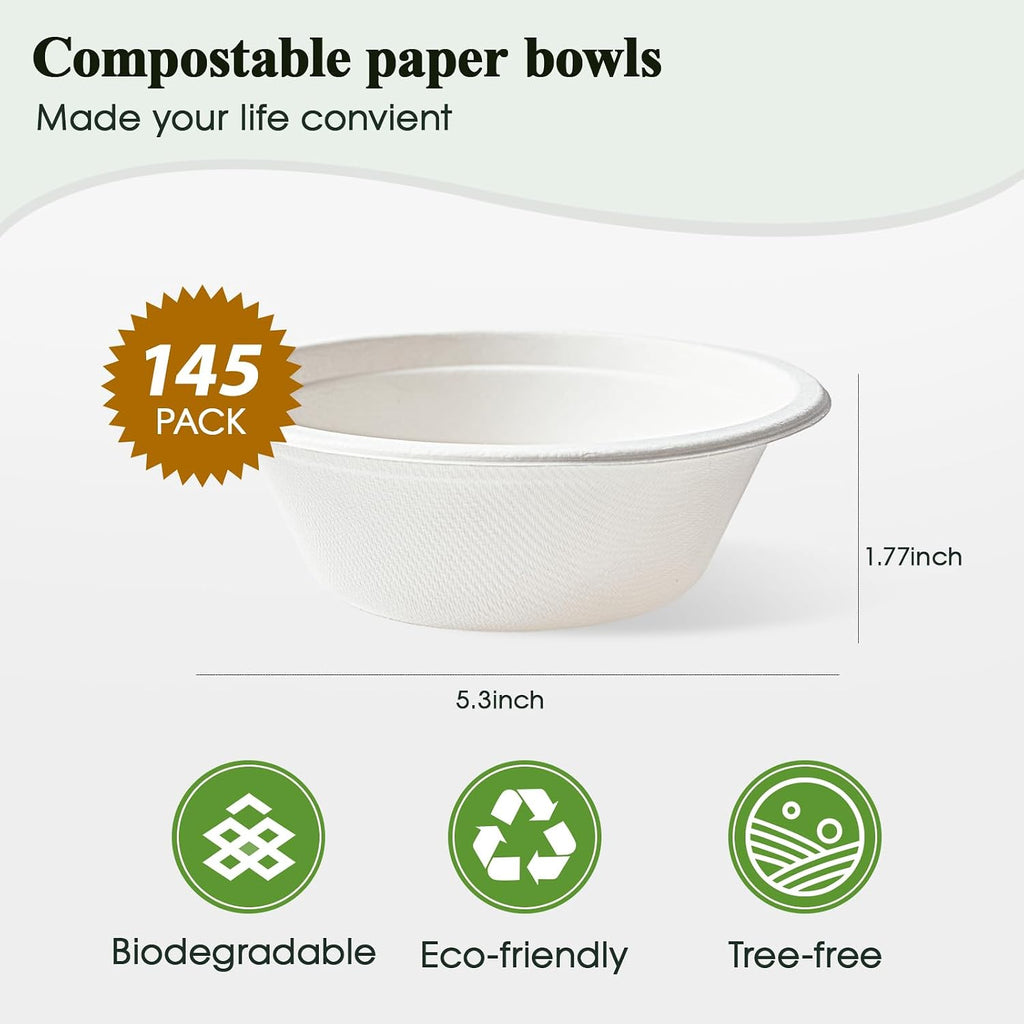145 Pack 12 OZ Disposable Compostable Paper Bowls for Salad