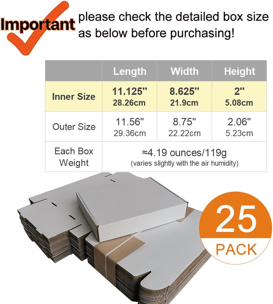 Corrugated Mailers, 11 1/8" x 8 5/8" x 2"(Inner Size), 25 Pack, Cardboard Shipping Boxes, Oyster White (CM1182-25)