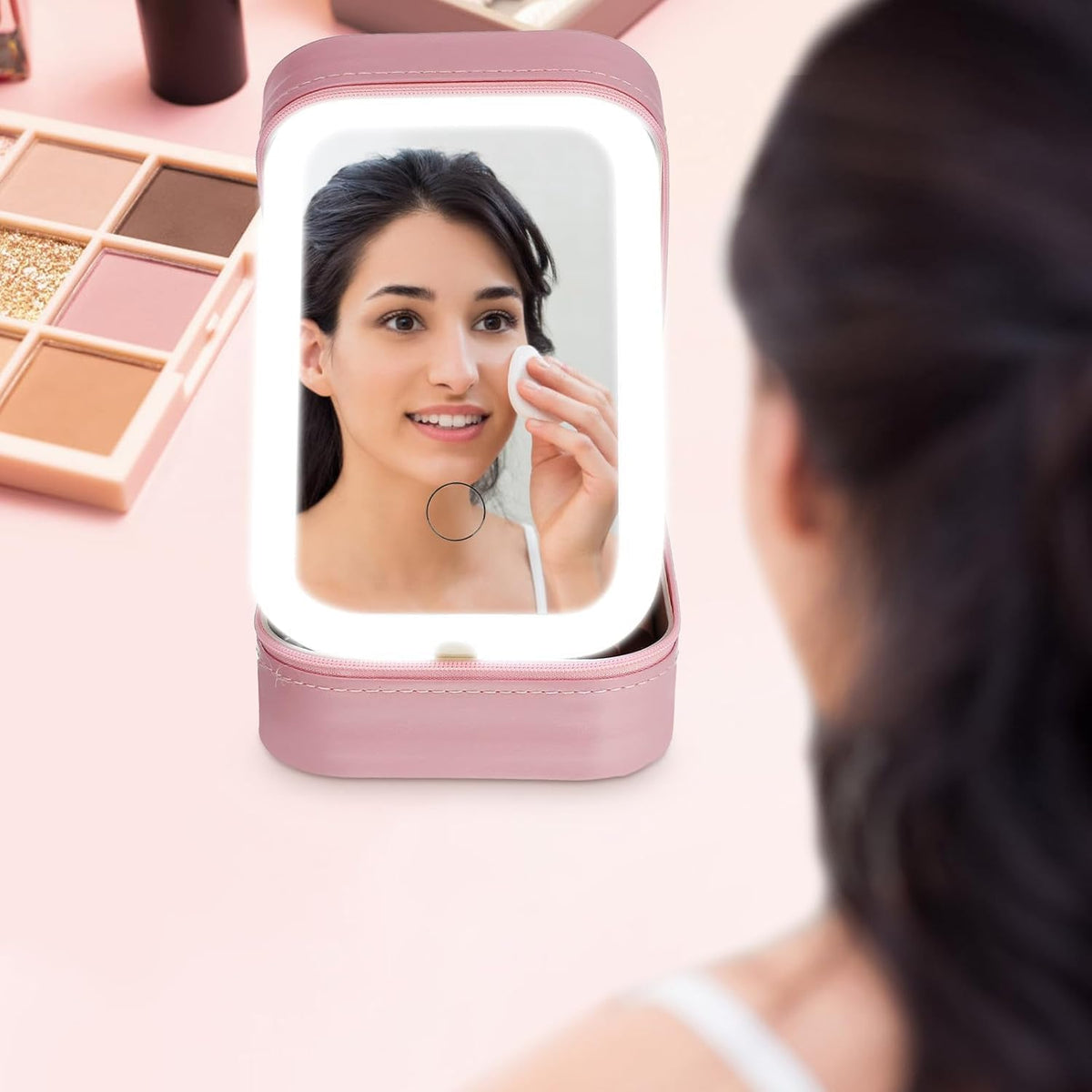 Adjustable Brightness Travel Makeup Case with LED Lighted Mirror Compact Small Organizer Bag with Divided Storage for
