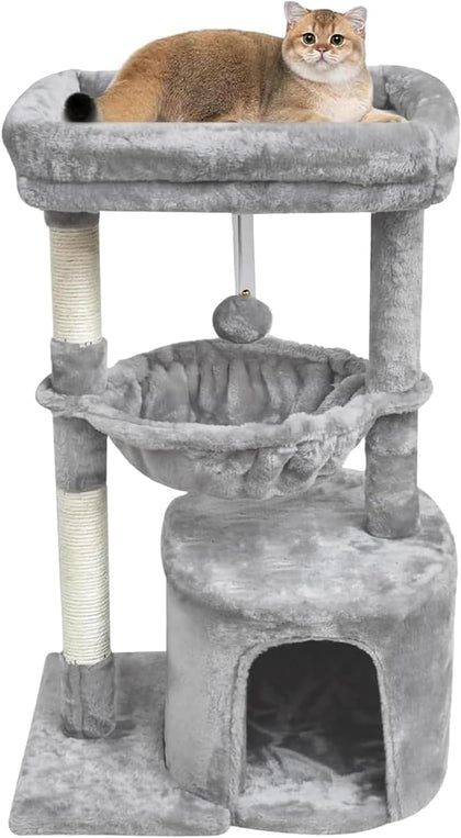 Small Cat Tree for Indoor Cats, Activity Cat Tower with Scratching Post for Kittens, Modern Cat Furniture with Basket