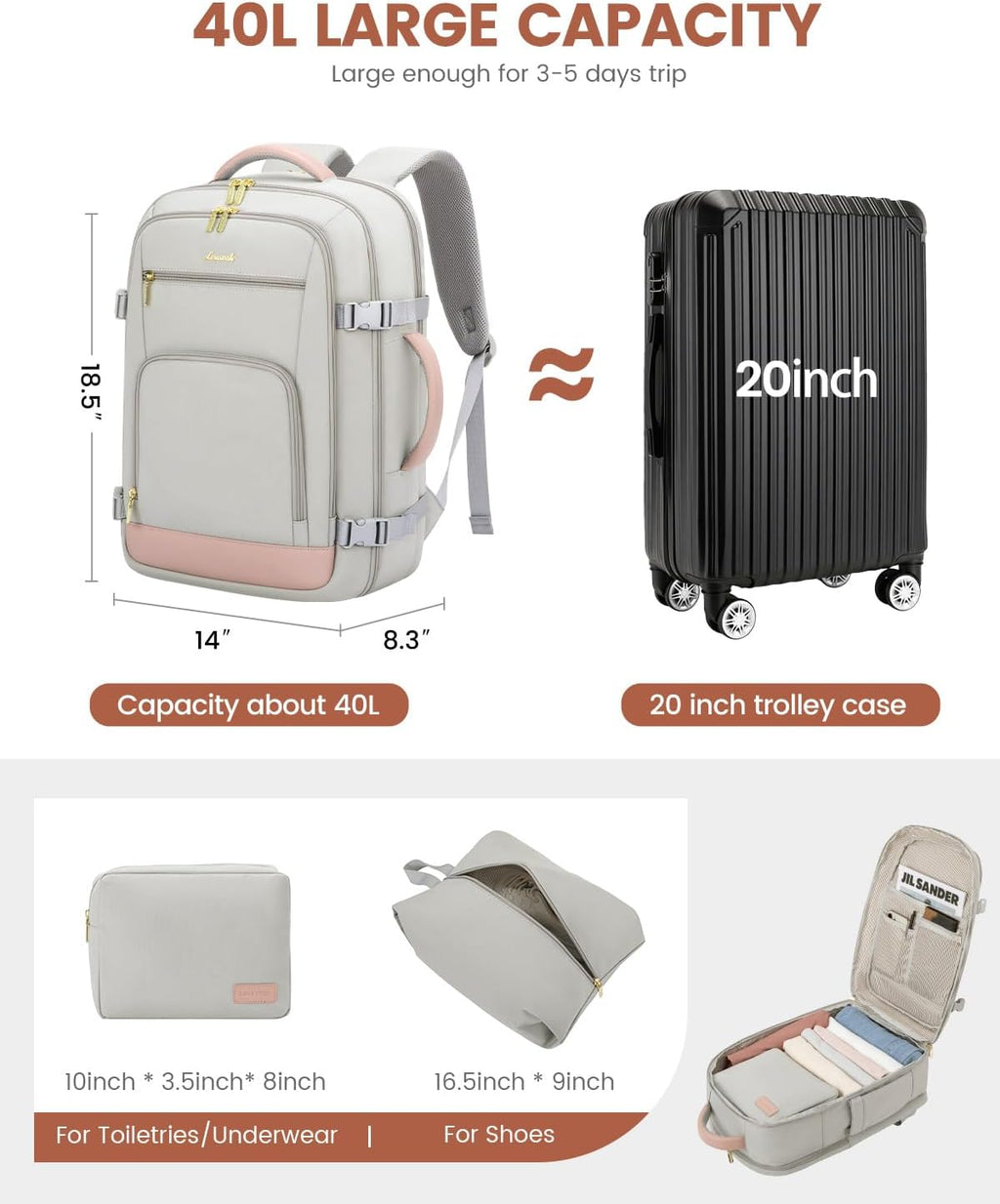 Travel Backpack For Women, 40L Carry On Backpack Flight Approved, TSA Personal Item Travel Bag Fits 17 Inch Laptop