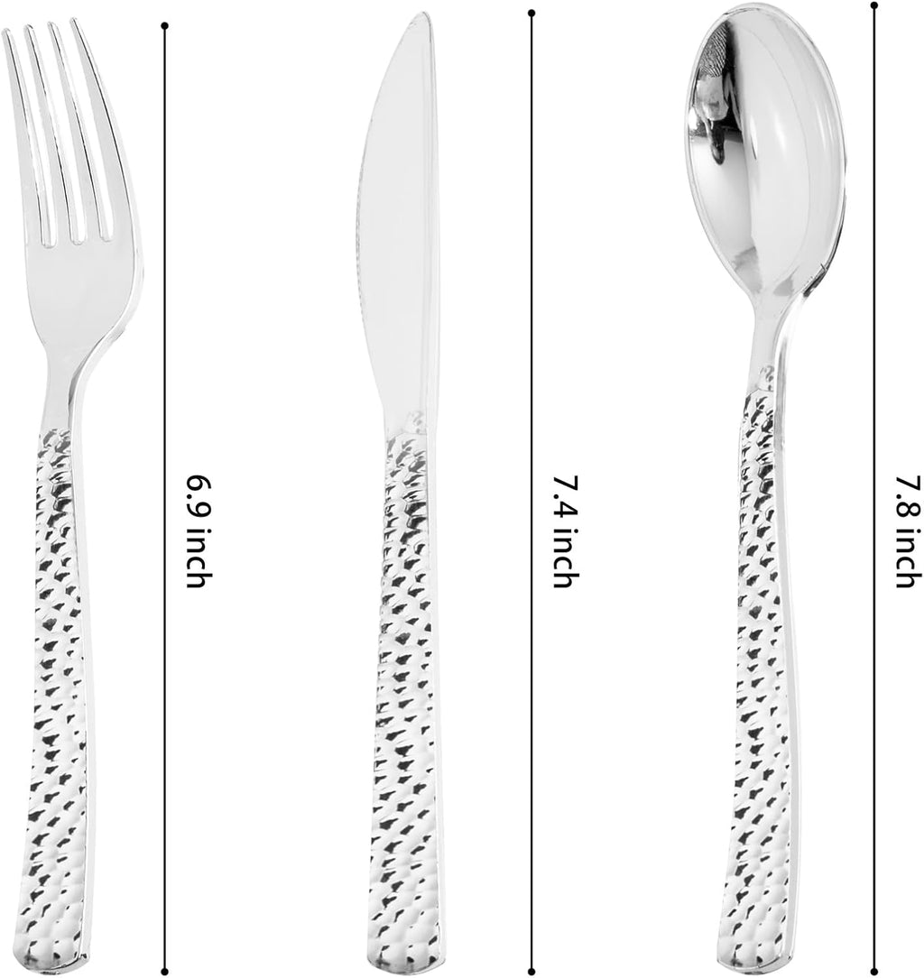 300PCS Hammered Silver Plastic Silverware, Disposable Cutlery Sets