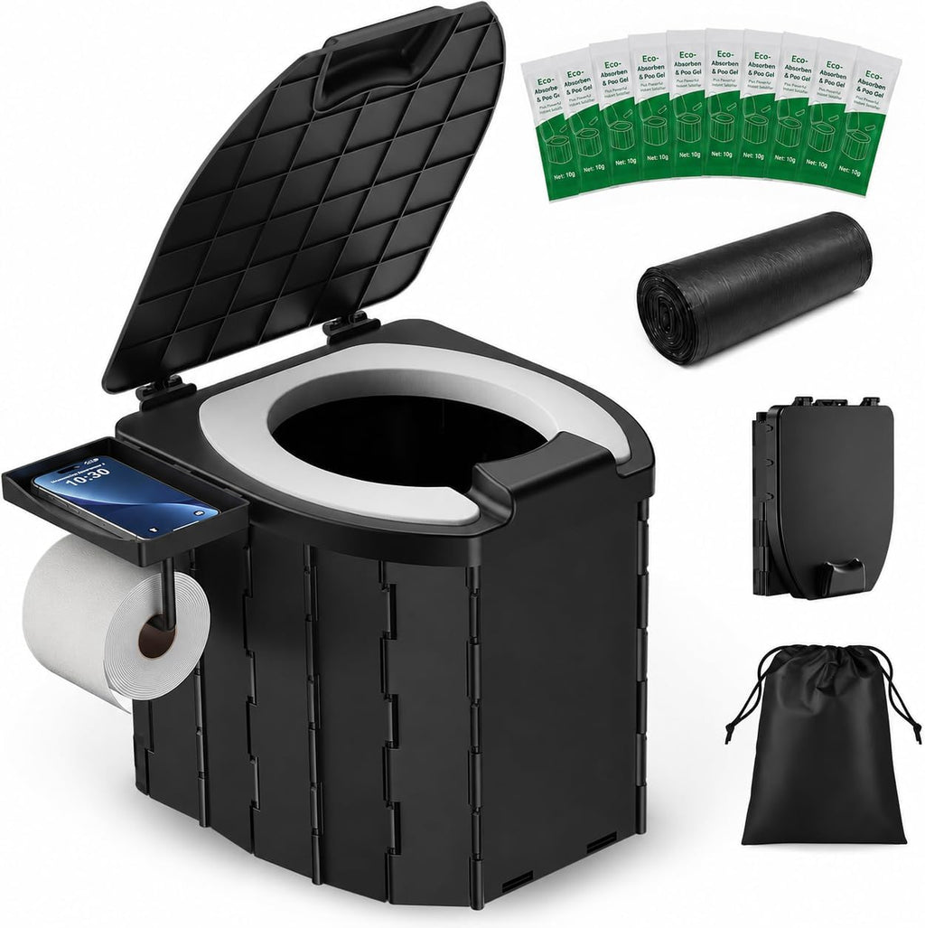 Portable Toilet for Adults, Foldable Camping Toilet Travel Floding Potty with Lid & Paper Holder, Upgrade Water