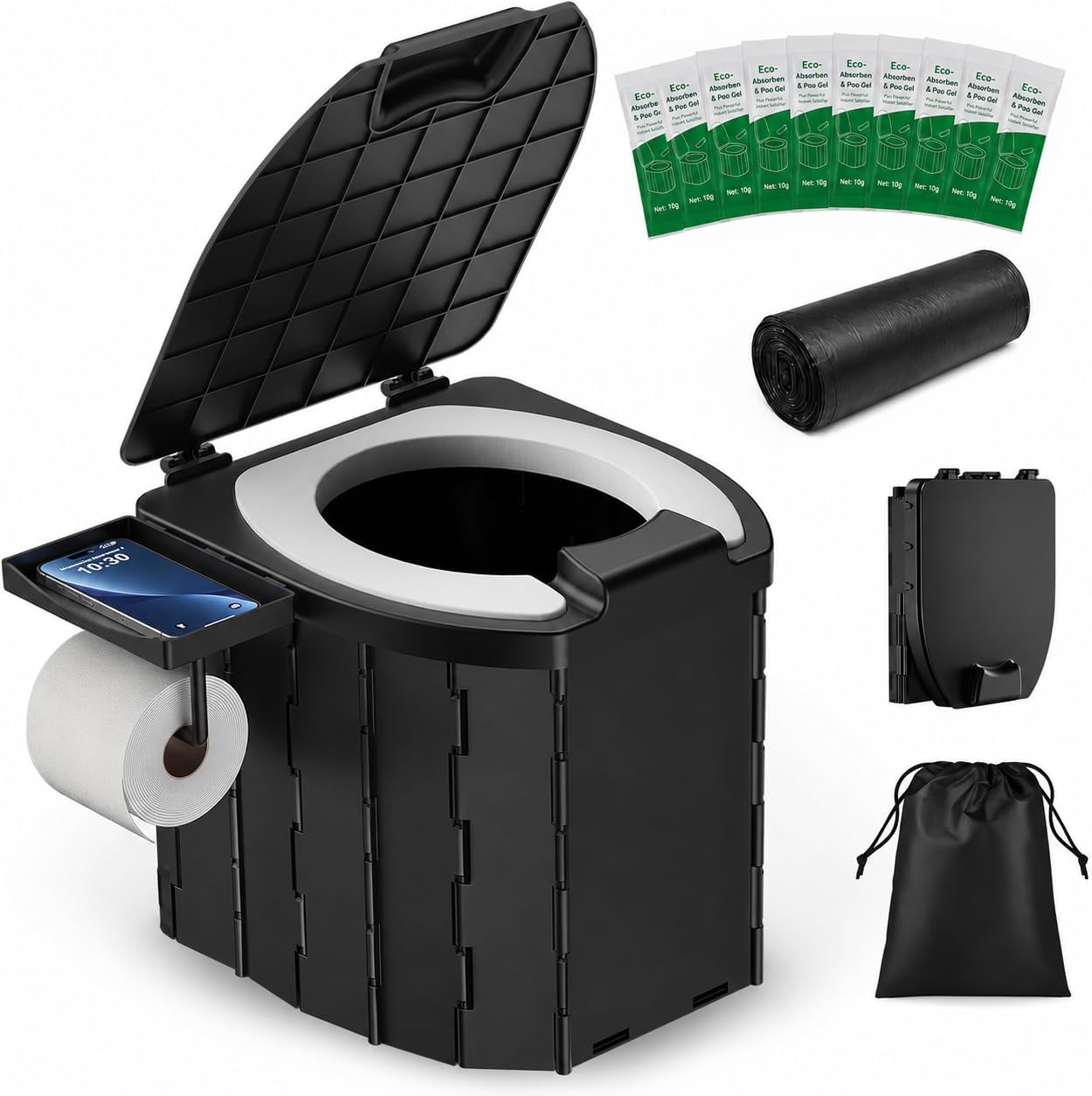 Portable Toilet for Adults, Foldable Camping Toilet Travel Floding Potty with Lid & Paper Holder, Upgrade Water