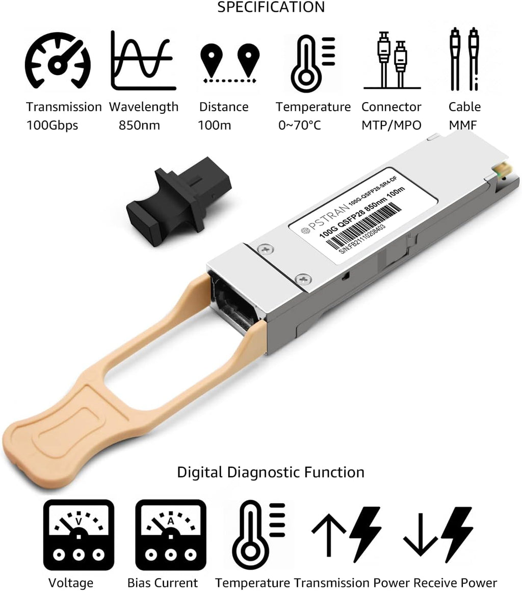 100GBASE-SR4 QSFP28 Optical Transceiver Module Compatible with Dell QSFP28-100G-SR4 100G QSFP28 SR4 850nm 100m DDM MPO-12/UPC MMF