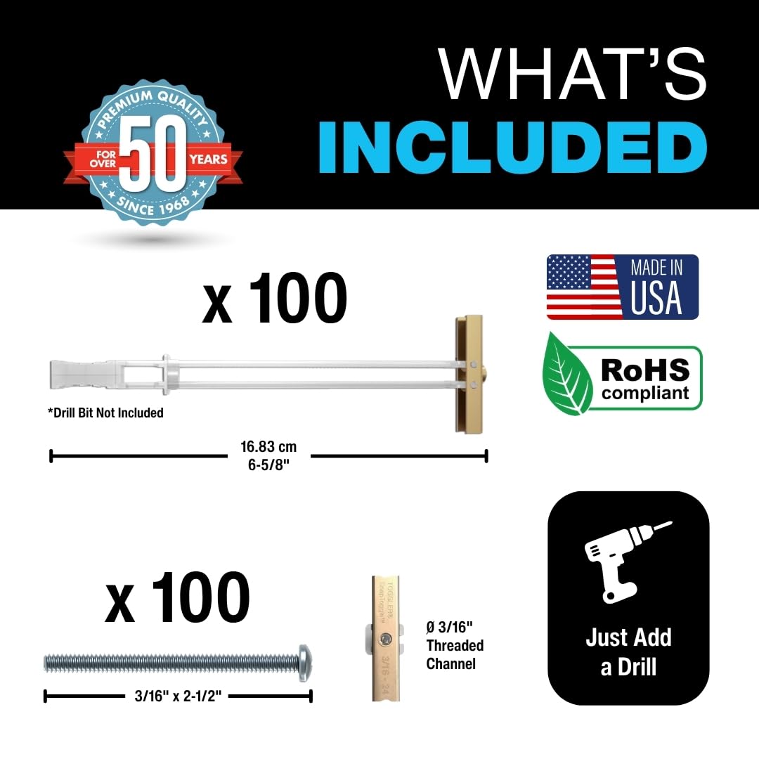 SNAPTOGGLE Toggle Bolt 3/16-24 UNC, 100 Pack, Round Head