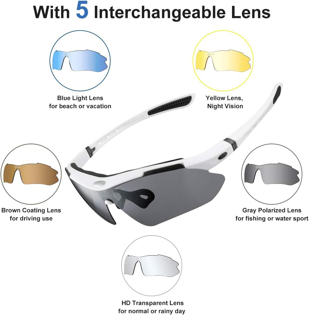 Polarized Cycling Glasses for Men, Sports Glasses with 5 Interchangeable Lens for Running, Pickleball, Baseball