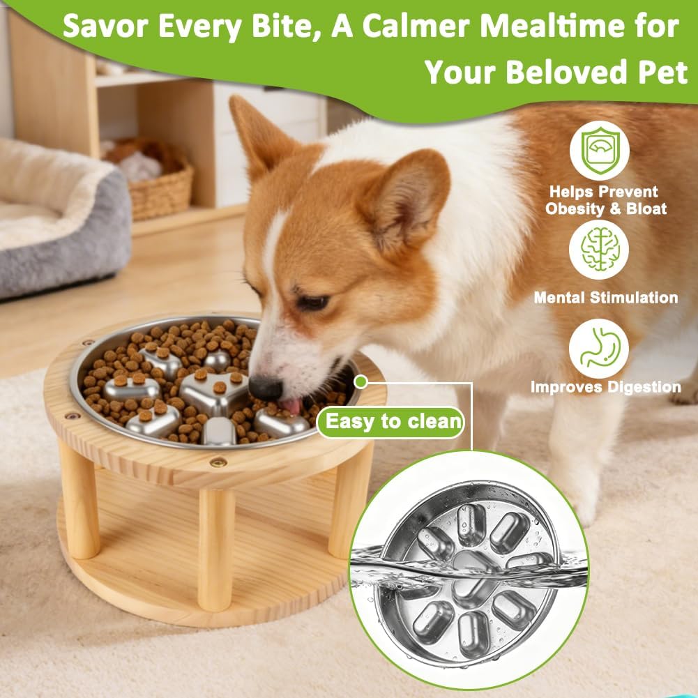 Elevated Dog Bowl, Pine Wood Stand with Stainless Steel Slow Feeder, 5.9" Raised Dog Bowl for Small & Medium Dogs