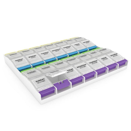 Weekly (7-Day) Pill Organizer, Vitamin Container, and Daily Medicine Planner, 2X-Large Push Button Compartments