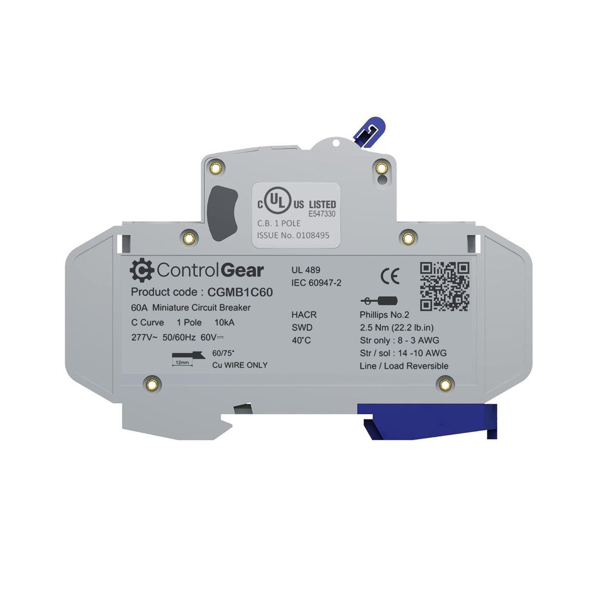 ControlGear Miniature Circuit Breaker 60A, 1-Pole C Curve, UL-489 Listed