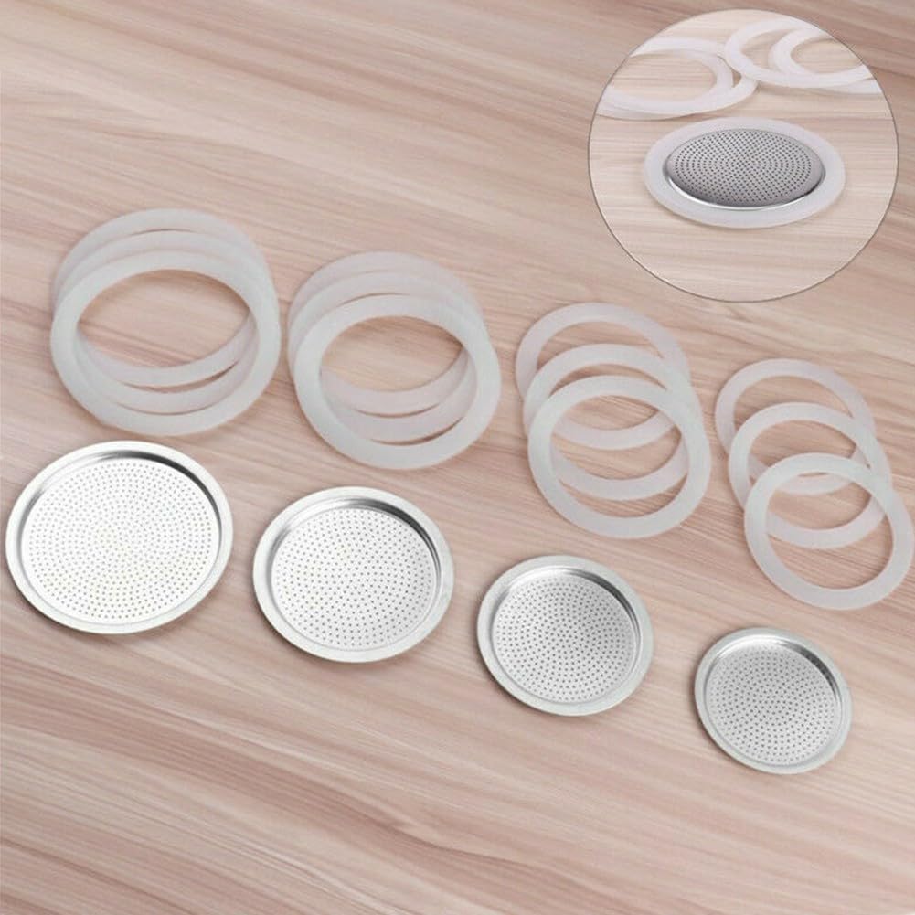 1 Filter And 3 Silicone Gasket Seals, Replacement Aluminum Filter For 2/3/6/9/12 Cup Espresso Coffee Maker(9 cup)
