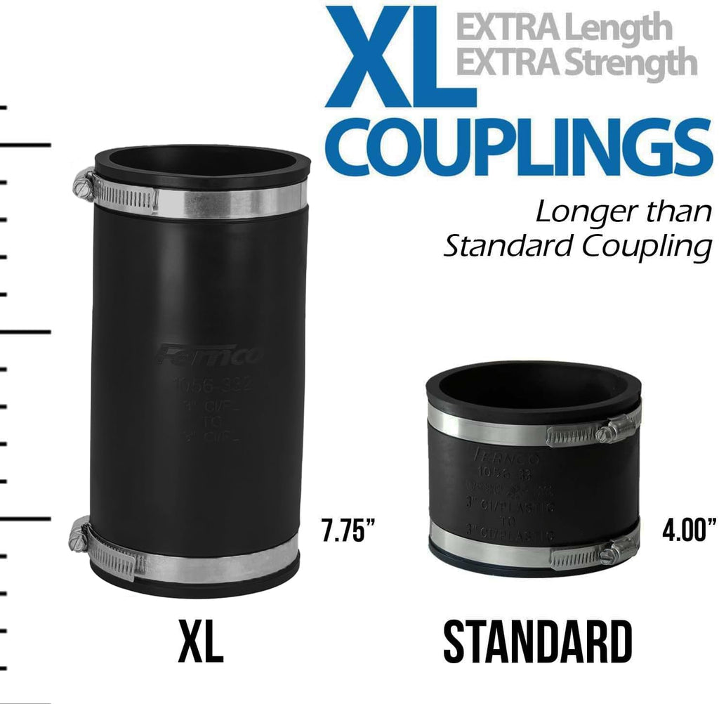 XL 1056-332 Flexible Pipe Coupling 3” – Extra-Long DWV Connector with Stainless Steel Clamps – Positive Seal for Cast