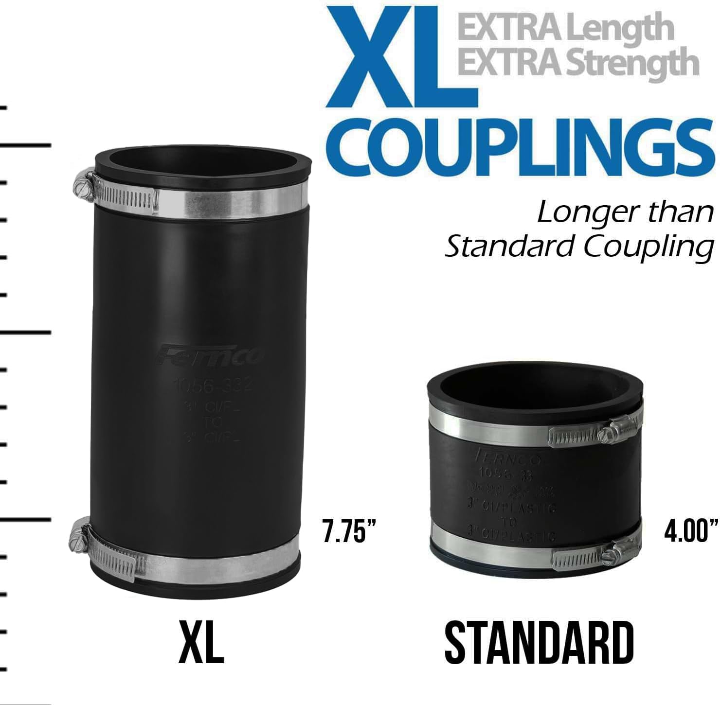 XL 1056-332 Flexible Pipe Coupling 3” – Extra-Long DWV Connector with Stainless Steel Clamps – Positive Seal for Cast
