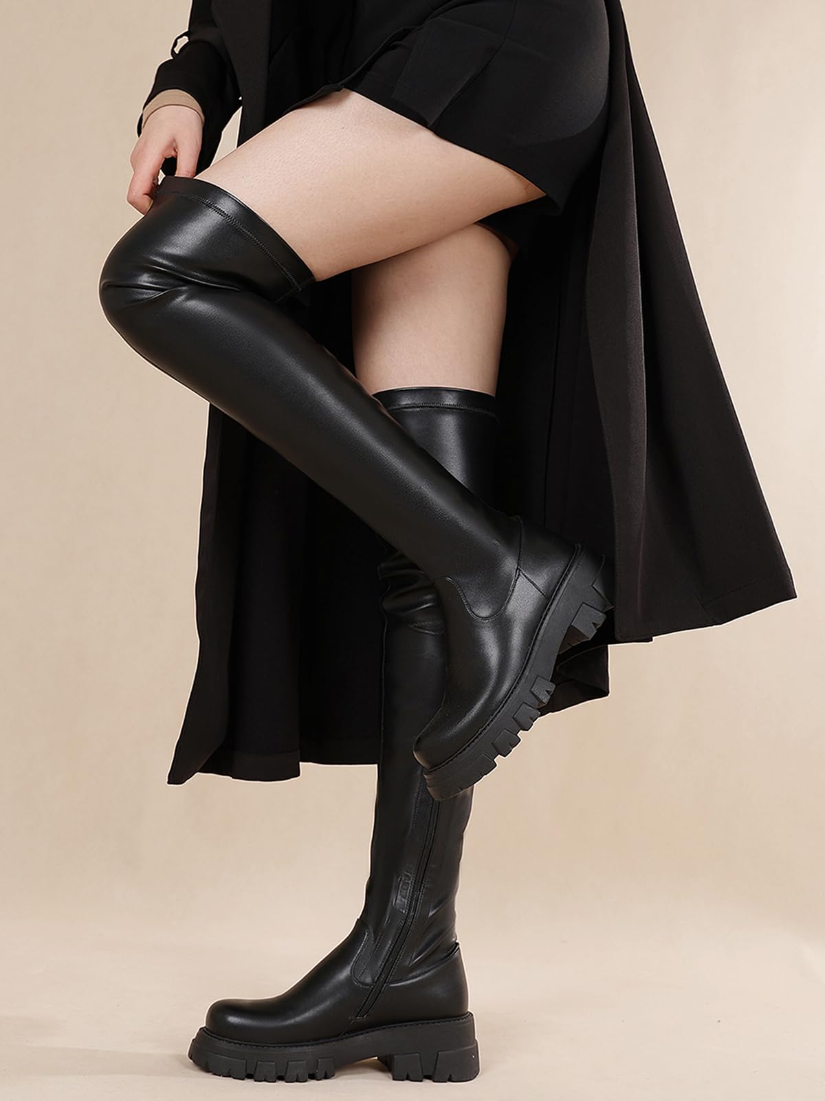 Black Thigh High Boots Women Stretch Long Boot Zip Comfortable