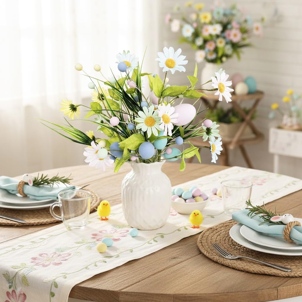 Easter Artificial Flowers with Eggs, 6 Pcs Spring Floral Arrangement | Includes Wildflowers Stems, Silk Daisies &