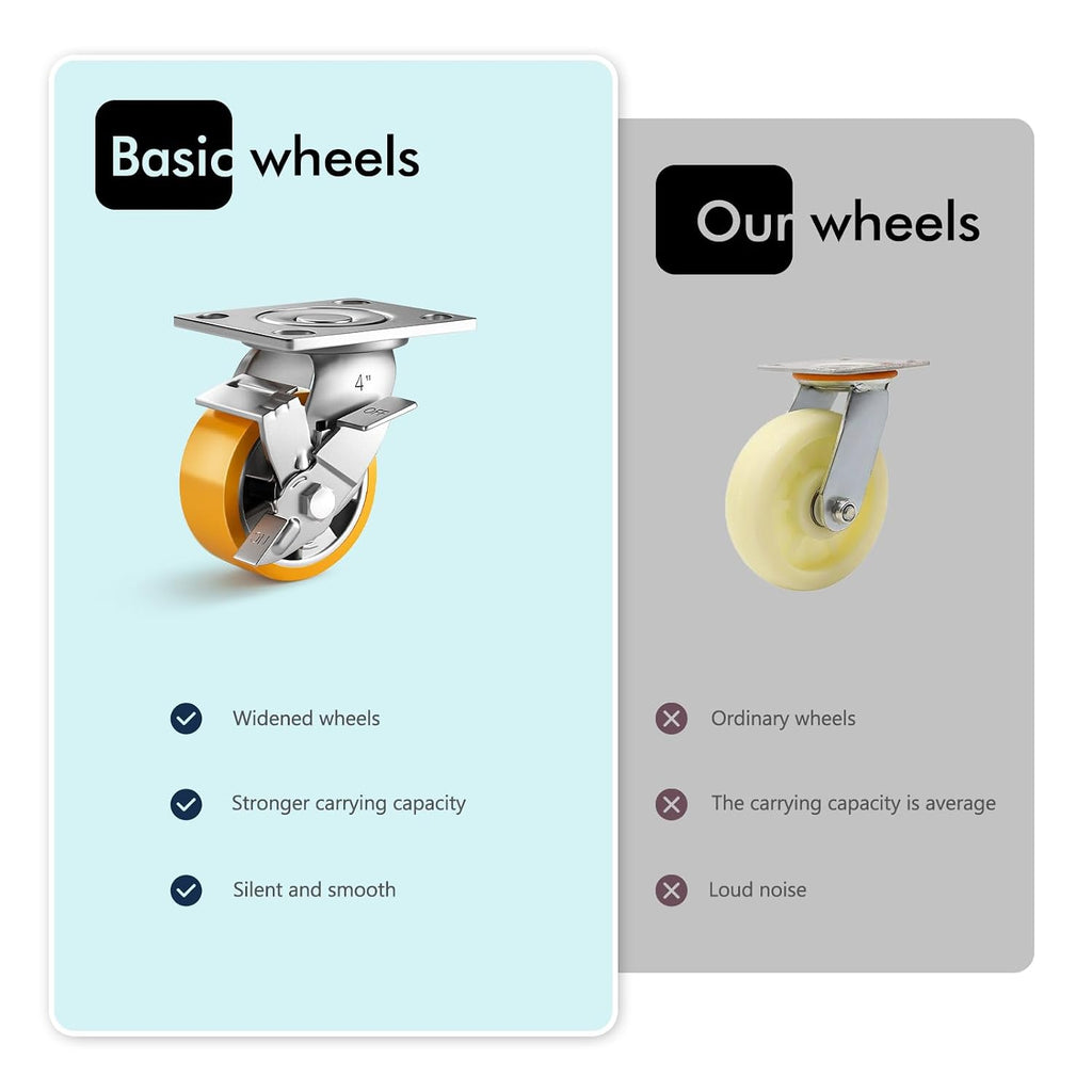 4 Inch Heavy Duty Casters Set of 4, Industrial Locking Casters 4000lbs Load Capacity, Plate Swivel Castor Wheels for