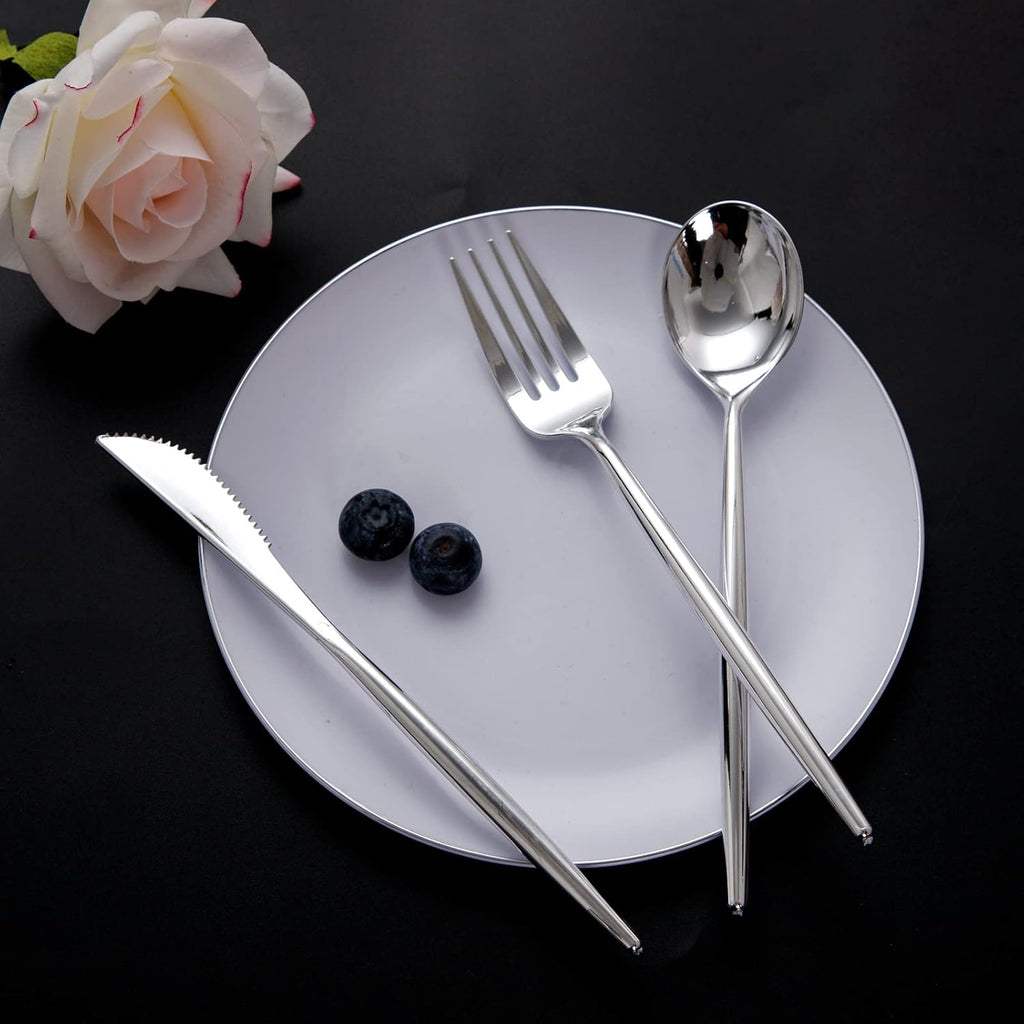 150Pcs Silver Plastic Silverware Set, Heavy Duty Disposable Cutlery Includes 50 Forks, 50 Spoons and 50 Knives for