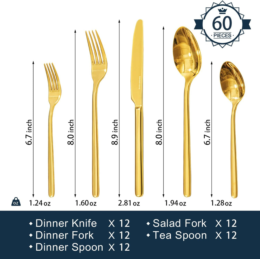 Gold Silverware Set, 60 Piece Flatware Cutlery Set for 12, 18/10 Stainless Steel Silverware Mirror Polished