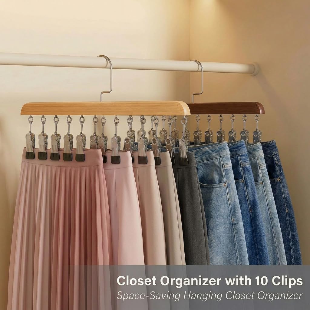 Closet Organizer with 10 Clips, 2PCS Space Saving Hanging Closet Organizer, Space-Saving Hat Scarf Clothespins for