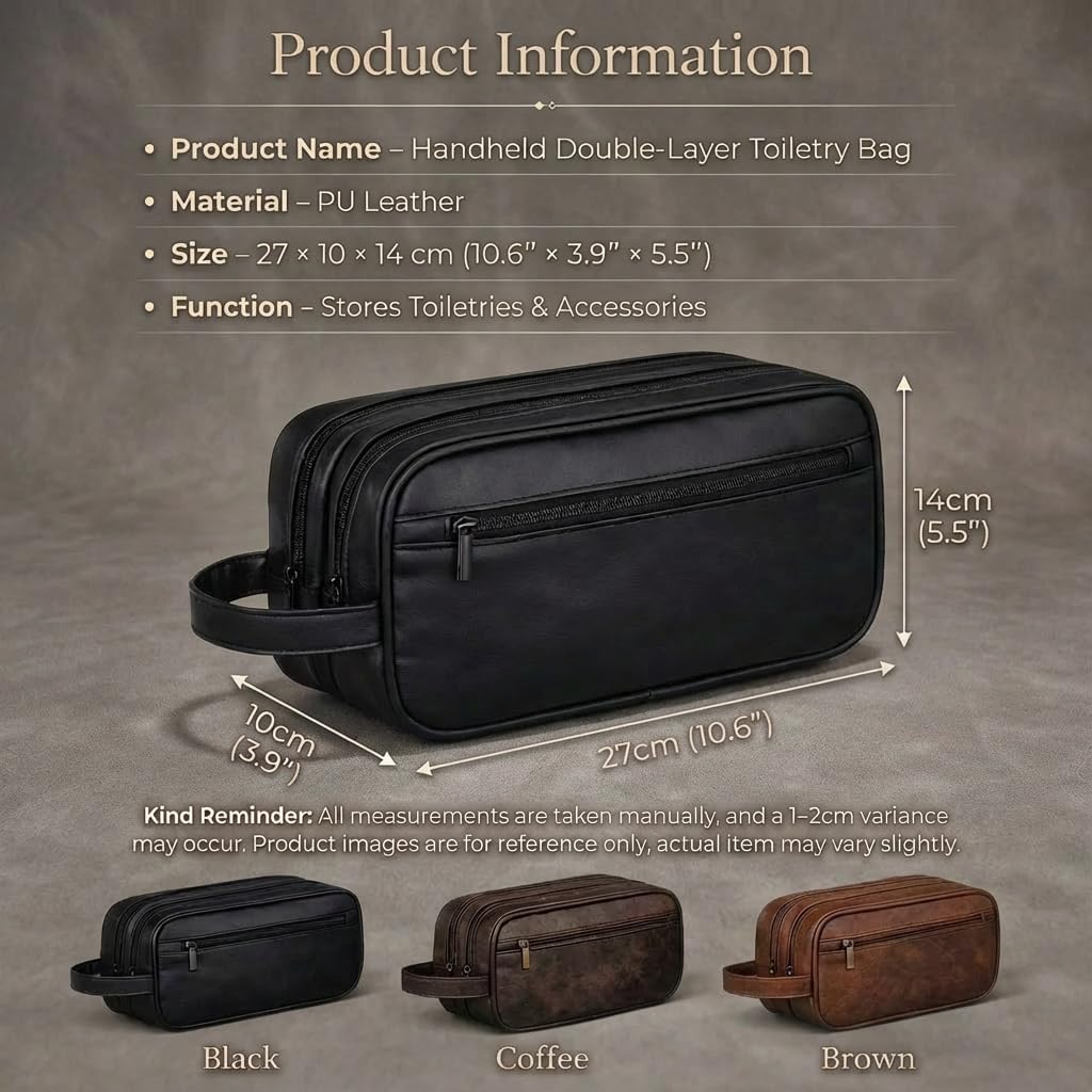 Men’s Toiletry Bag Travel Dopp Kit – double-deck PU Leather Water-Resistant Shaving Organizer Large Capacity, Double
