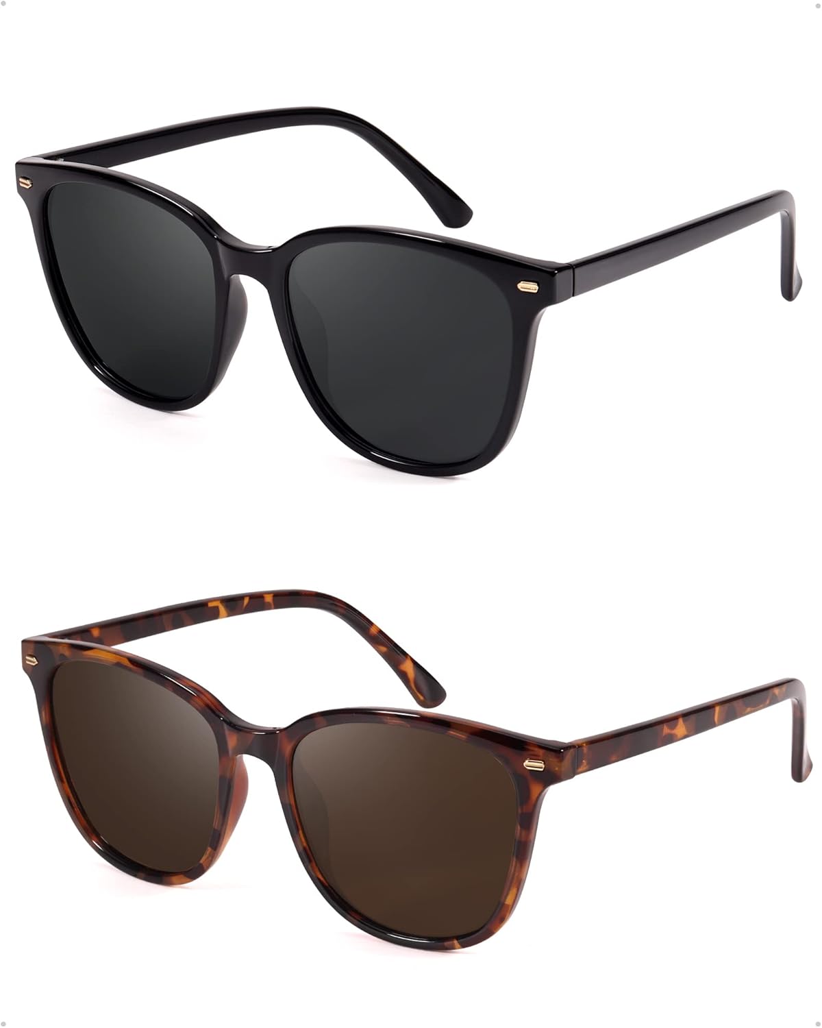 2 Packs Sunglasses for Women Polarized UV400 Protection Lens Big Frame Fashion Glasses Trendy Stylish Shade