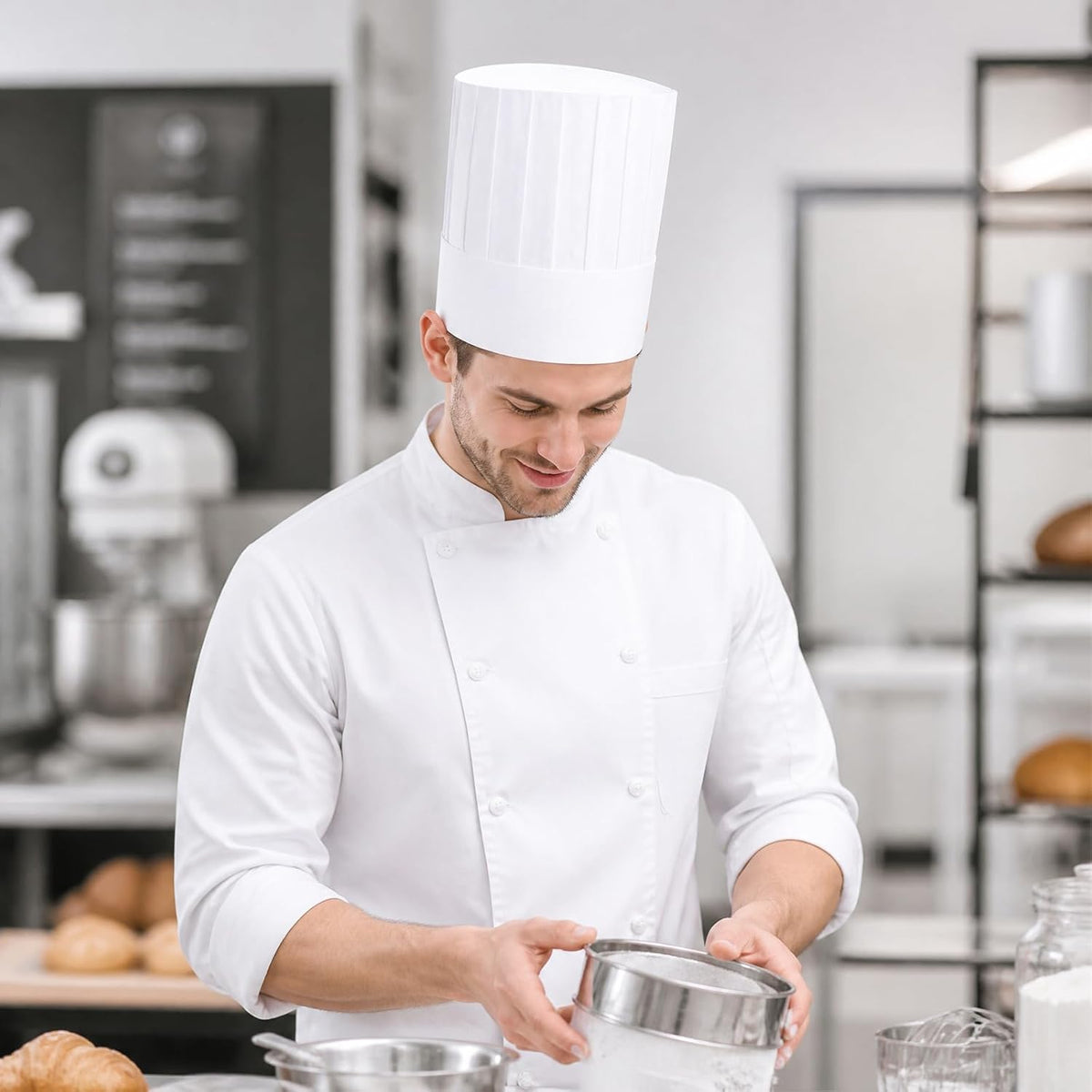 Disposable Paper Chef Hats Adjustable Tall Pleated Kitchen Toques White